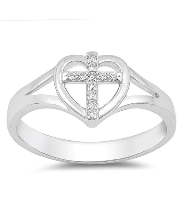 Clear CZ Cross Heart Christian Love Ring .925 Sterling Silver Band Sizes 4-10 - CQ185CMULCX