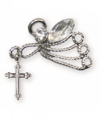 Silver Tone Guardian Angel Lapel Pin With Hanging Cross and 2 Crystals Stones - CG184DCWC6Y
