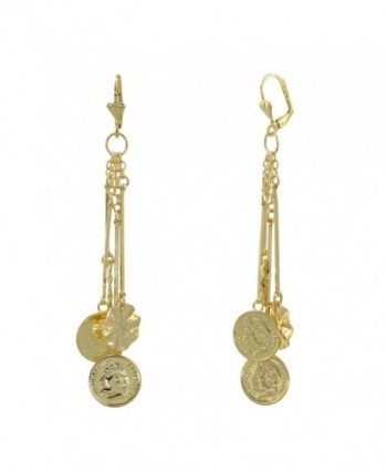 Yellow Gold Plated Long Dangle Round Coin Leverback Earrings - CL17YU7QIE7