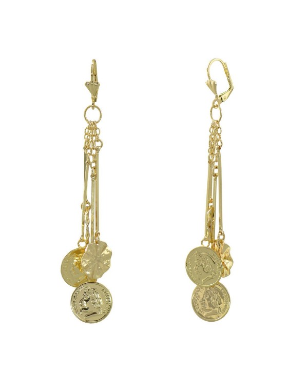 Yellow Gold Plated Long Dangle Round Coin Leverback Earrings - CL17YU7QIE7