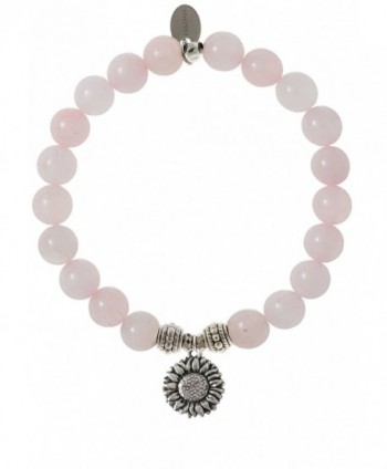 EvaDane Natural Rose Quartz Gemstone Rope Bead Sunflower Charm Stretch Bracelet - CA12DR21IZ5