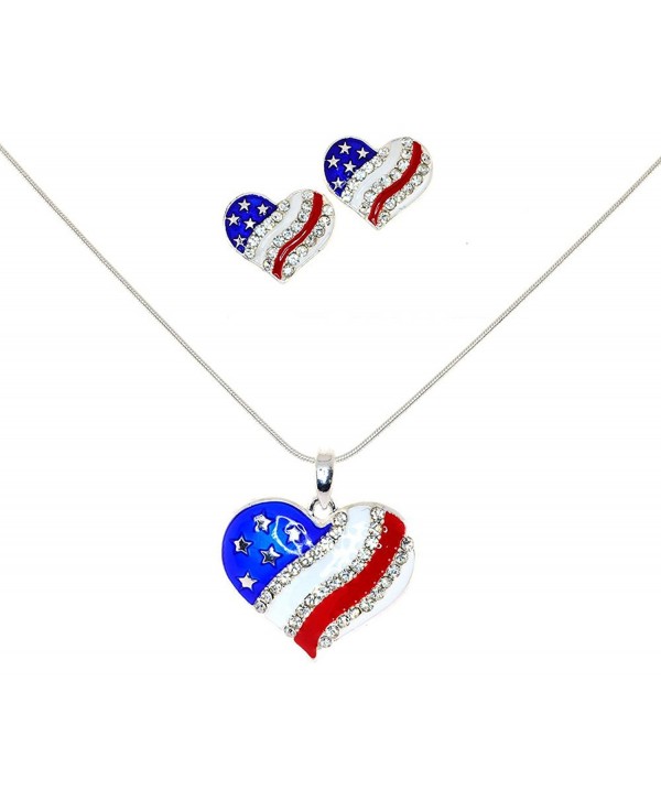 4th of July Independence Day American Flag Heart Pendant Necklace & Earrings Set - CJ11D8WQWBP