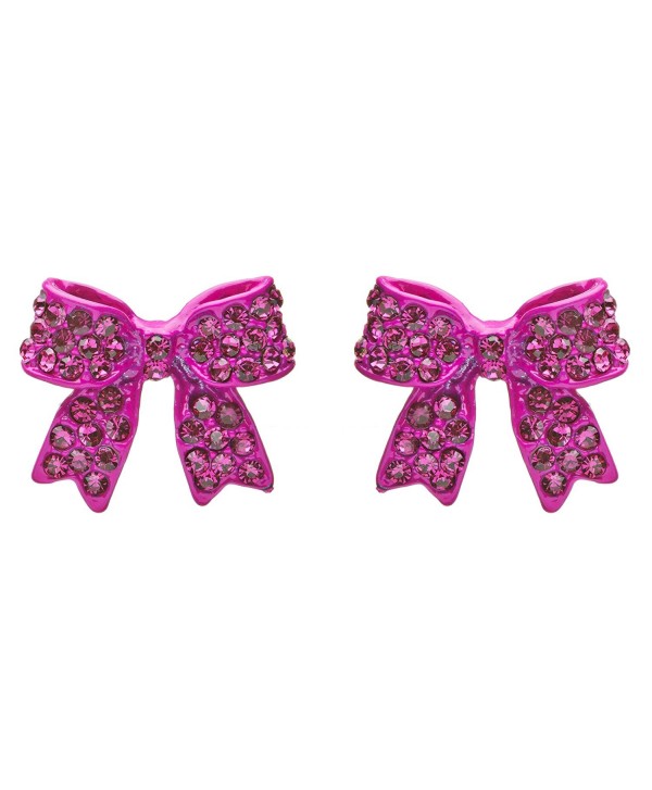 Fashion Crystal Pave Bow Ribbon Stud Earrings Fuschia - CR118TQOCXF