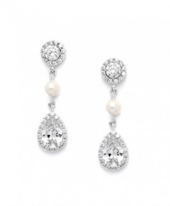 Mariell Handmade Genuine Freshwater Pearl Bridal Wedding Earrings with Round CZ Halos and Pear-Shaped Teardrops - CC127WOZHQP