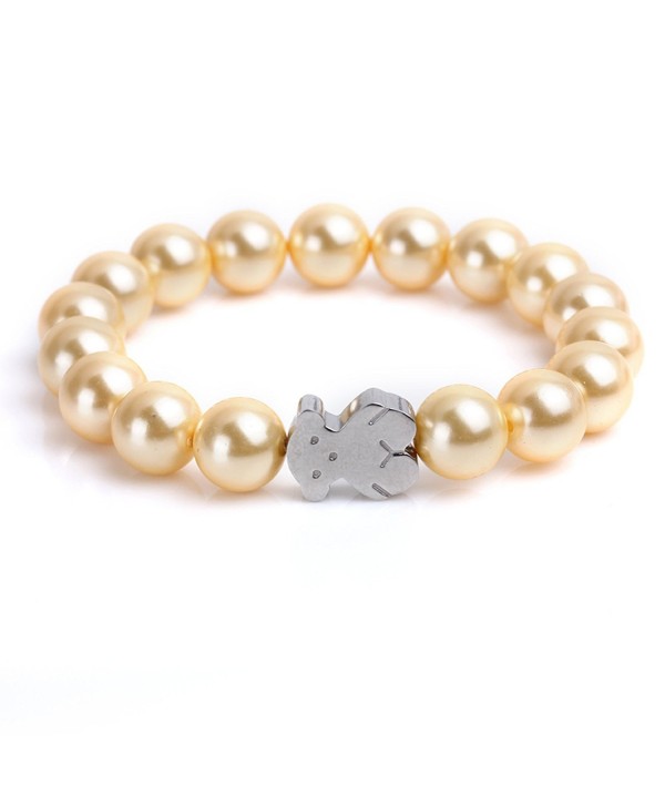 URs Women's Rose Golden Pearls Strand Bracelet with Stainless Steel Teddy Bear - Silver - C212FI2QVJP
