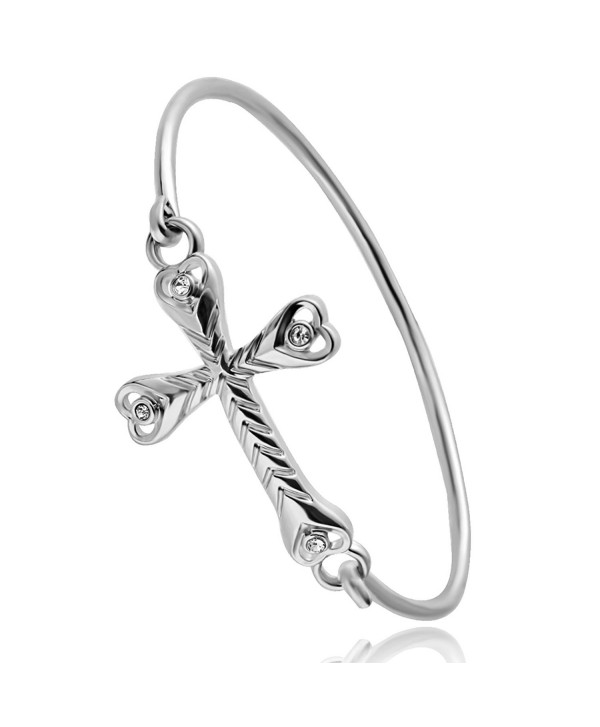 CHUANGYUN Rhinestone Heart Cross Bracelet Bangle Easy Open Bangle God Bless You - Silver - C8182KE9MGZ