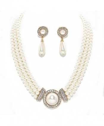 Simple Statement Multi Layered Strands Cream Pearl Crystal Elegant Necklace Earrings Set Gift Bijoux - CX12D5TVTSL