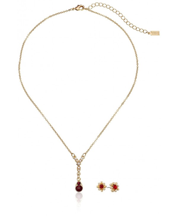 Downton Abbey Boxed Gold-Tone Simulated Pearl and Red Crystal Necklace and Earrings Jewelry Set- 18" - CE11NQEUDH9