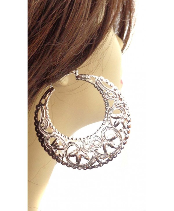 Large Hoop Earrings Filigree Puffed Hoop Earrings Gold or Silver Tone 3 Inch Hoops - C512CAKMCNV