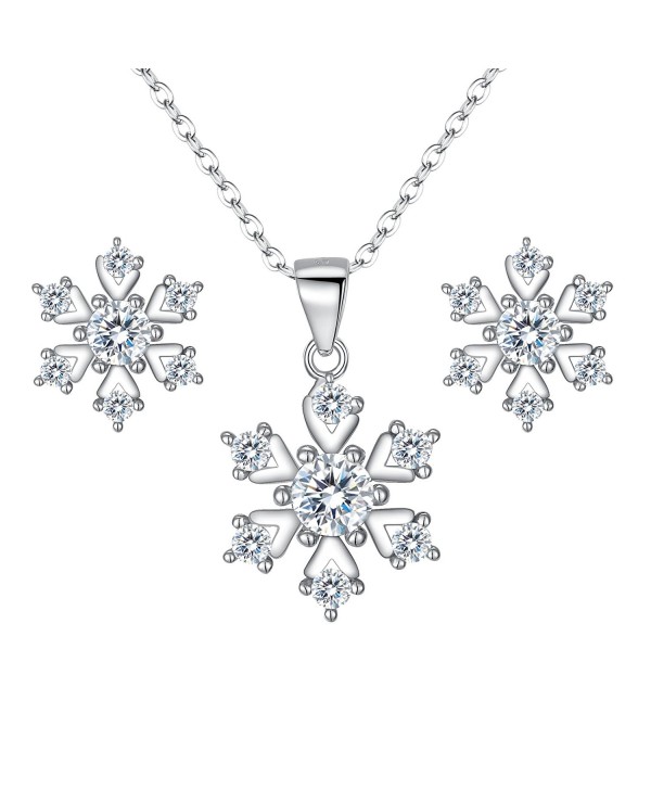 BriLove Women 925 Sterling Silver Cubic Zirconia Snowflake Shape Pendant Necklace Stud Earrings Set Clear - CY185A3H9MW