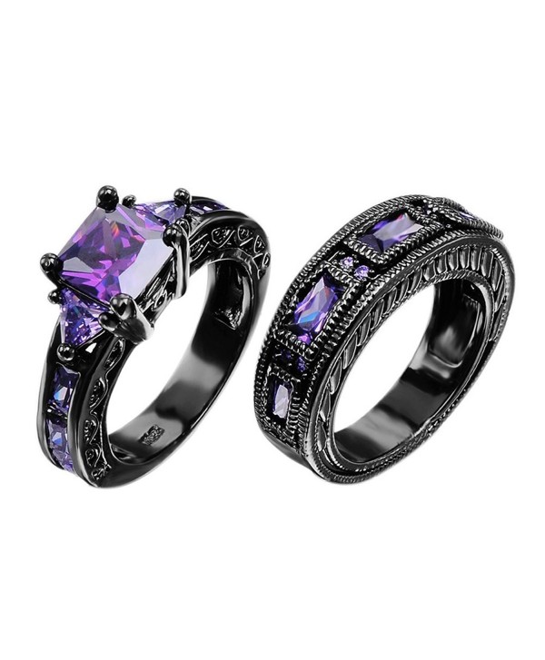 European Style Amethyst Two Pieces Promise Rings for Couples Black Gold Plated Women Sz-6 & Men Sz-7 - CD127AKLY67