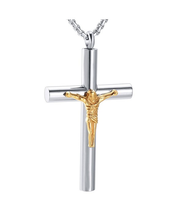JC9877 Jesus Cross Cremation Keepsake Urn Pendant Necklace for Ashes Funeral Casket Jewelry - Silver and Gold - C81894IX5U6