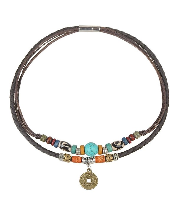 Ancient Tribe Women's Hemp Genuine Leather Turquoise Bead Choker Necklace-15 Inches - Brown - CE12G7WM8LF