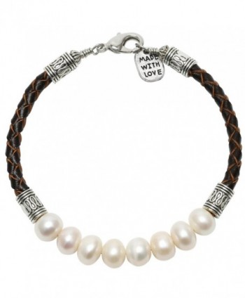 Aobei Pearl White Cultured Freshwater Pearls Bracelet Bangles with Braided Leather Cord for Women - Brown - CR17XXGDQ92