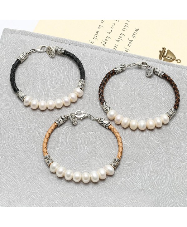 White Cultured Freshwater Pearls Bracelet Bangles with Braided Leather ...