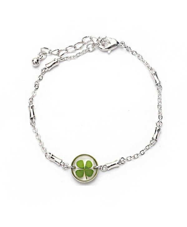 Stainless Steel Real Irish Four Leaf Clover Good Luck Symbol Clear Round Charm Bracelet 7''-8.5'' - C611WND4799