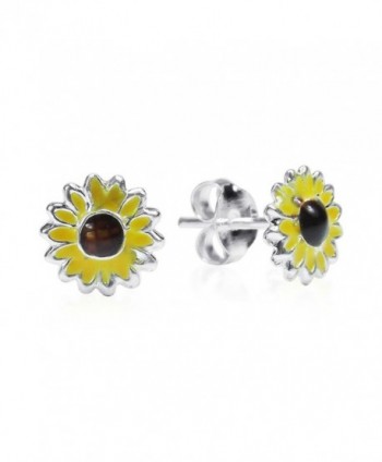 Petite Yellow Enamel Sunflower .925 Sterling Silver Stud Earrings - CW11OK5ZS9L