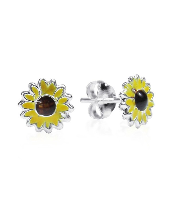 Petite Yellow Enamel Sunflower .925 Sterling Silver Stud Earrings - CW11OK5ZS9L
