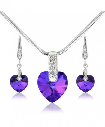 Deep Purple Violet Swarovski Elements Heart Necklace and Earrings set - Silver Tone - For Her - CA11K2YSBXJ