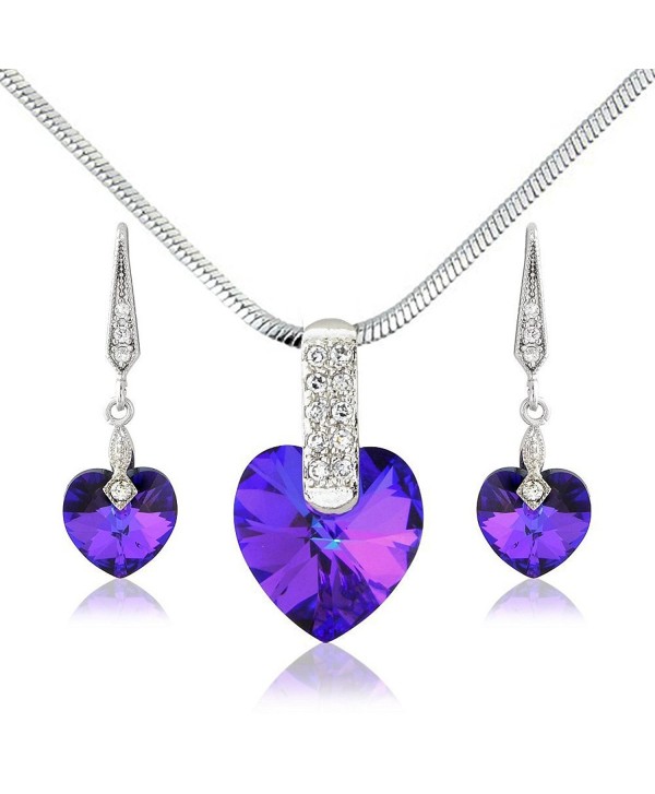 Deep Purple Violet Swarovski Elements Heart Necklace and Earrings set - Silver Tone - For Her - CA11K2YSBXJ