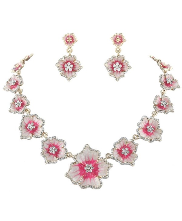 EVER FAITH Women's Austrian Crystal Enamel Hibiscus Necklace Earrings Set Gold-Tone - Pink - C111PPH2YBD