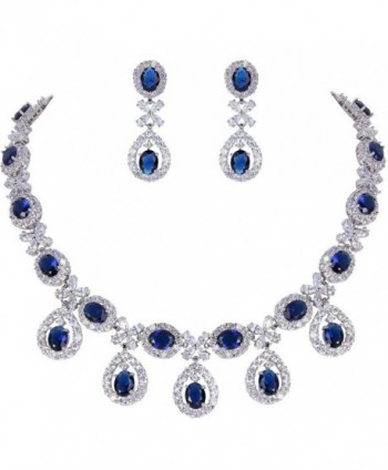 EVER FAITH Silver-Tone Cubic Zirconia Elegant Flower Leaves Water Drop Necklace Earrings Set - Navy Blue - CY12D7L70X5