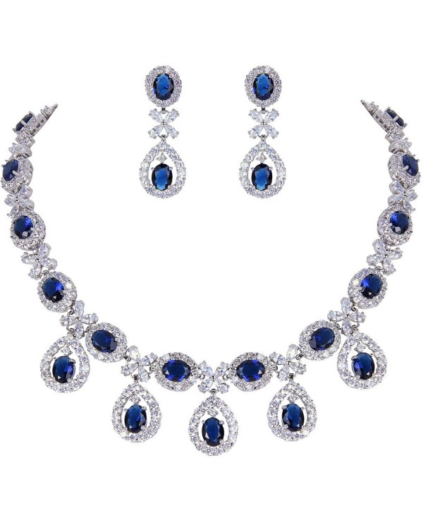 EVER FAITH Silver-Tone Cubic Zirconia Elegant Flower Leaves Water Drop Necklace Earrings Set - Navy Blue - CY12D7L70X5
