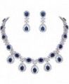 EVER FAITH Silver-Tone Cubic Zirconia Elegant Flower Leaves Water Drop Necklace Earrings Set - Navy Blue - CY12D7L70X5