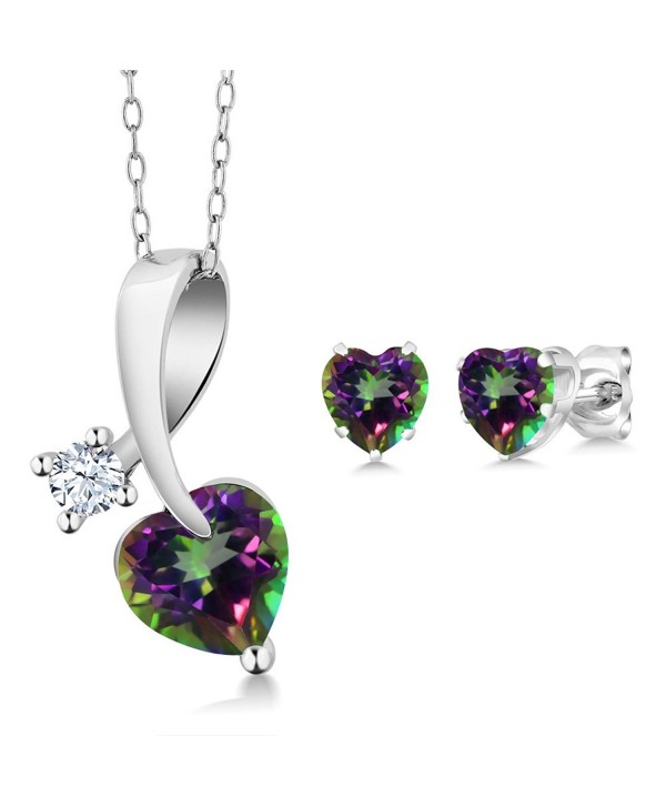 2.61 Ct Heart Shape Green Mystic Topaz 925 Sterling Silver Pendant Earrings Set with 18 Inch Silver Chain - CY11UGVBYY1