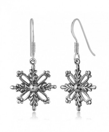 925 Oxidized Sterling Silver Filigree Snowflake Christmas Antique Dangle Hook Earrings 1.3" - CN17AZE4T68