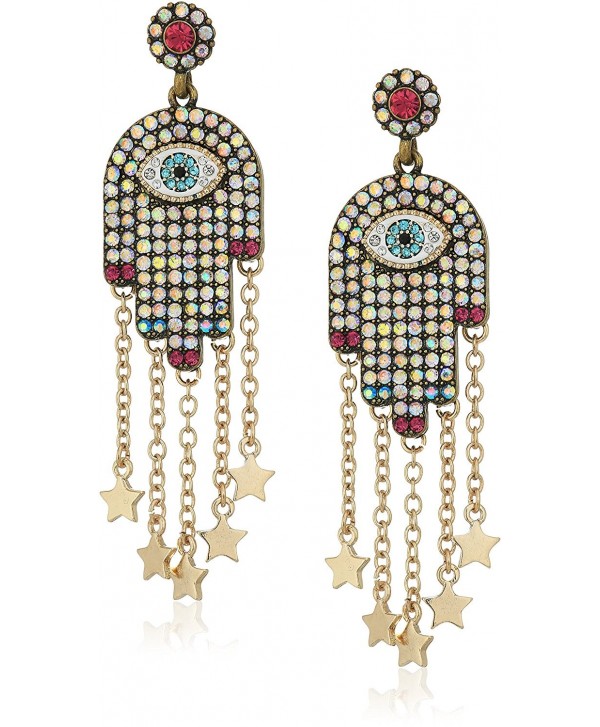 Betsey Johnson Womens Multi-Stone and Gold Hamsa Drop Earrings - MULTI - C6183QDILH2