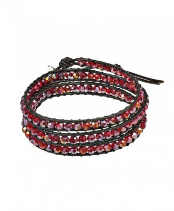 Cherry Deep-Red Muse Fashion Crystal-Cotton Wax Rope-Leather With Base Metal Clasp Tribal Wrap Bracelet - C211UP48YAZ
