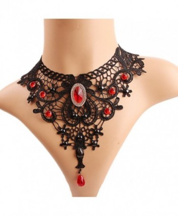 Meiysh Elegant Black Lace Gothic Lolita Red Pendant Choker Necklace Earrings Set - CO12N20PN4P