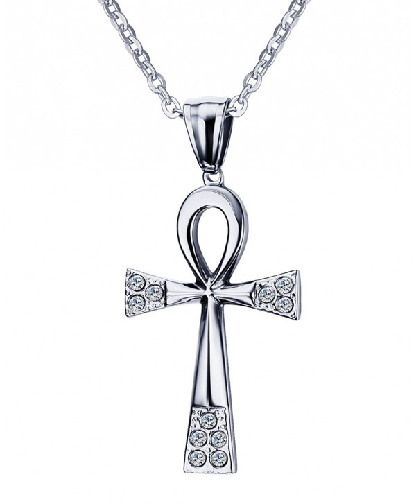 2 Pcs Rhinestone Stainless Steel Egyptian Ankh Cross Pendant Necklace ...