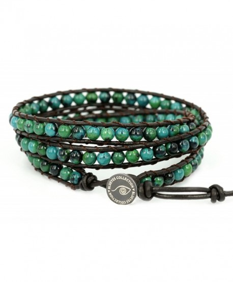 BLUEYES COLLECTION "Amicable" Blue Mix Green ChrysocollaGemstone Beads Genuine Leather Bracelet- 3 Wraps - C811LDEXYHP