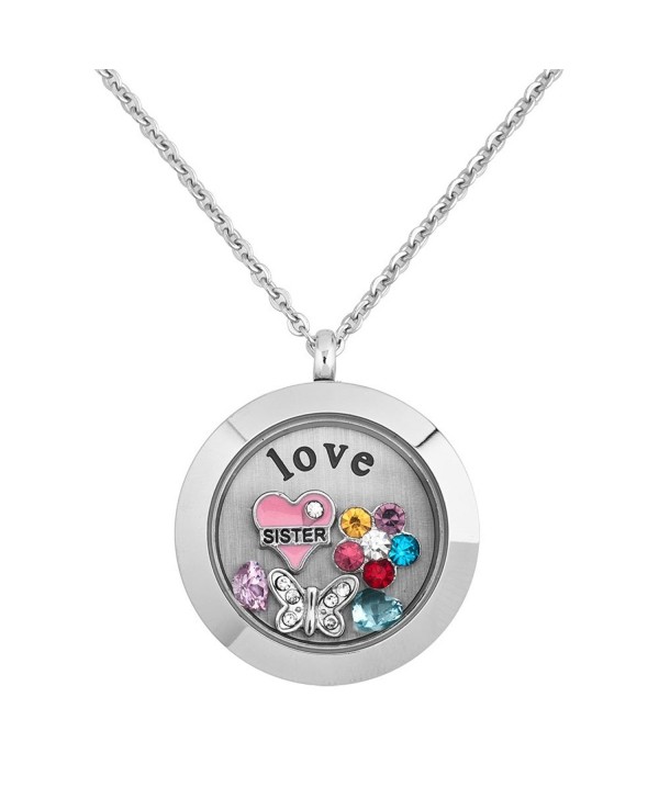Q&Locket Sister Flower Butterfly Crystal Floating Charms Womens Living Glass Locket Pendant Necklace - C112JYLNB5N