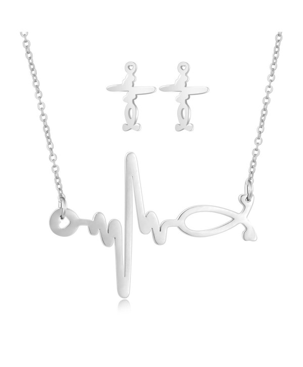 Heart Beat Necklace Stud Earrings Set Stainless-steel Jewelry Set for Women - Steel - C2182HQLTRC