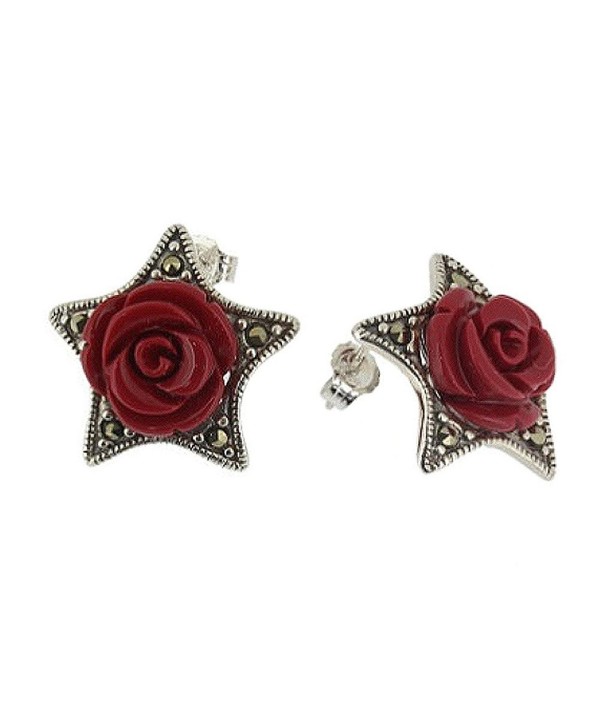 Red Rose Marcasite 925 Sterling Silver Stud Earrings - CZ11ONYVW4J