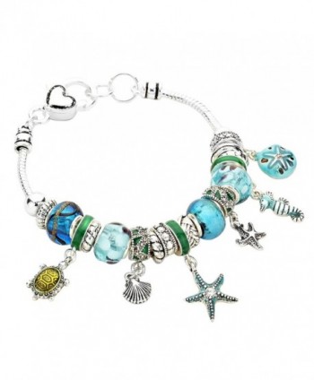 Rosemarie Collections Women's Starfish Seahorse Turtle Glass Bead Beach Charm Bracelet - Blue - CR11YCKG07X