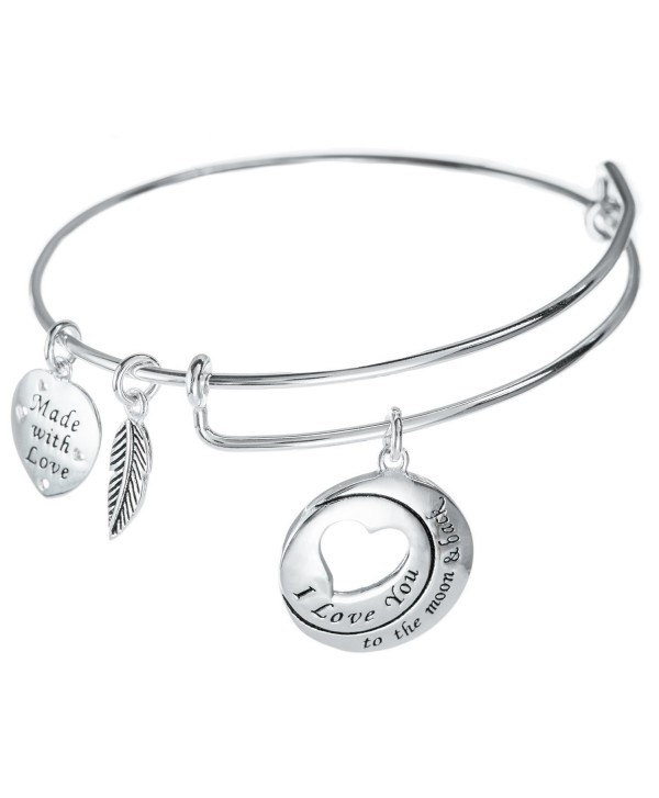 Sterling Silver ''I Love You To The Moon And Back'' Dangle Charm Adjustable Wire Bangle Bracelet - C612G2TD71X