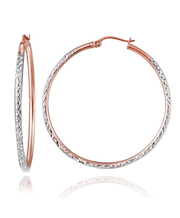 Hoops & Loops Rose Gold Flash Sterling Silver Two-Tone 2mm Diamond-Cut Round Hoop Earrings- All Sizes - C612KKGIB7T