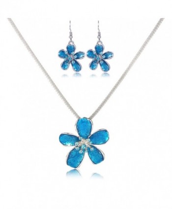 Flower Necklace Set- Filigree Enamel Flower Statement Pendant Necklace Earrings Jewelry Set - Blue - CM184WKW99E