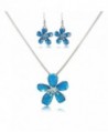 Flower Necklace Set- Filigree Enamel Flower Statement Pendant Necklace Earrings Jewelry Set - Blue - CM184WKW99E