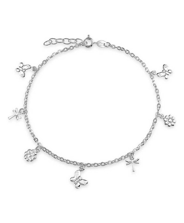 Bling Jewelry Butterfly Sterling Silver Flower Dragonfly Charm Anklet 9in - CU11F8WGG5F