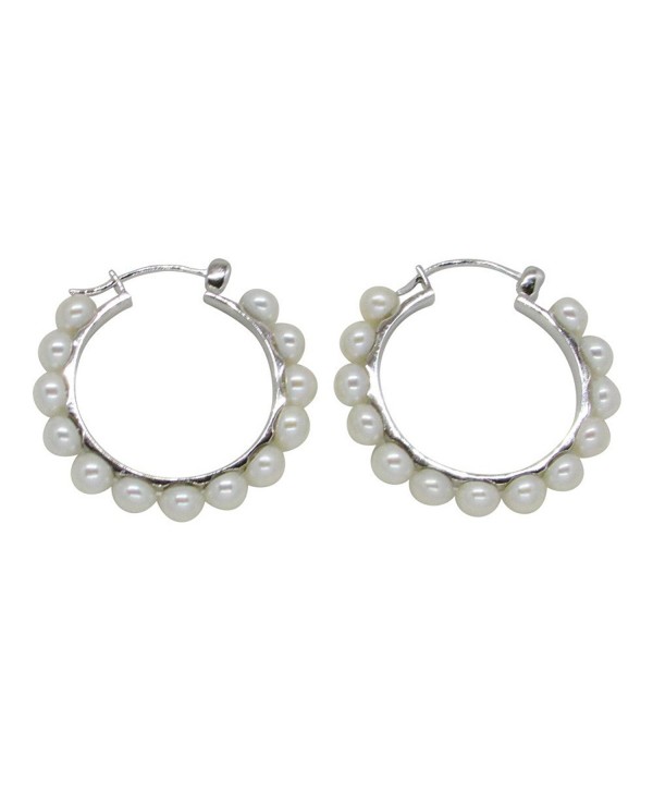 Sterling Silver Cultured Freshwater Pearl Hoop Earrings w/ Click-Down Clasp- 1.2 in (30mm Diam) - CP12HPVVANX