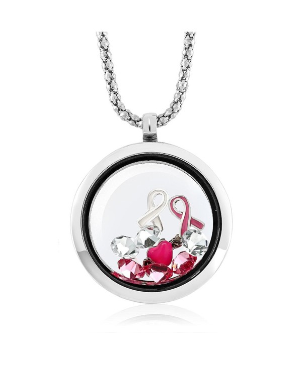 Breast Cancer Awareness Floating Ribbon Multi-Colored Crystals Locket Pendant Necklace with 24 Inch Chain - CZ11PK98C7L