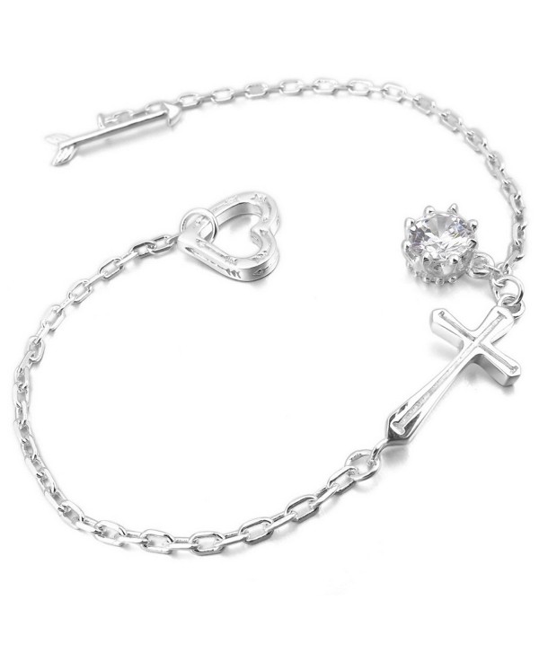 INBLUE Women's 925 Sterling Silver Bracelet Link Wrist CZ Silver Tone Cross Heart Arrow - CF12MYHC35O