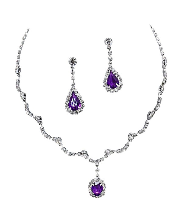 Elegant Purple Scallop Y Drop Crystal Rhinestone Bridesmaid Bridal Necklace Earring Set Wedding Bling P1 - C611OLVFCG3