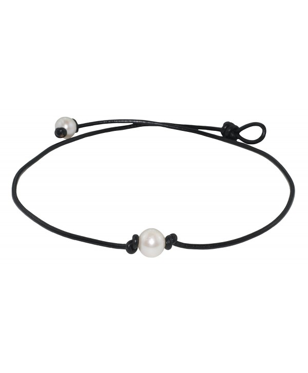 High Quality Freshwater Cultured 9.5-10.5mm Single Pearl Choker Necklace on Black Leather Cord- 17" - C7124UHQF0J