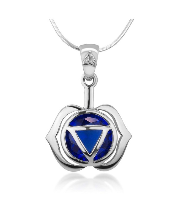 Sterling Silver Ajna Third Eye Chakra Reiki Kundalini Symbol Navy Blue Glass Pendant Necklace 18" - C012O2J6MX3